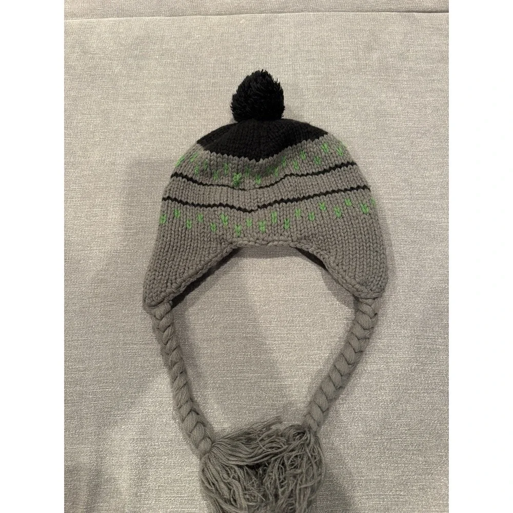 The North Face Gray Knit Earflap Beanie Hat Pom Pom Green Black Winter